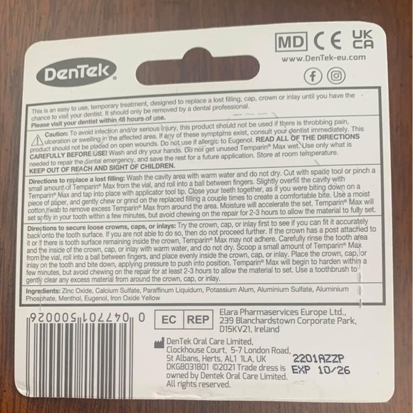 Dentek
TEMPARIN® MAX
REPAIR KIT for Lost Fillings, caps and crowns - Picture 2 of 2